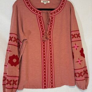 Boden Diana Tie Neck Blouse Floral Embroidery Balloon Sleeve Boho Top Size 14